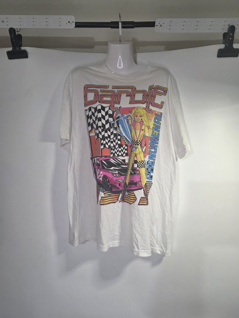 Barbie White Graphic Tee with Pink Car and Yellow Accents